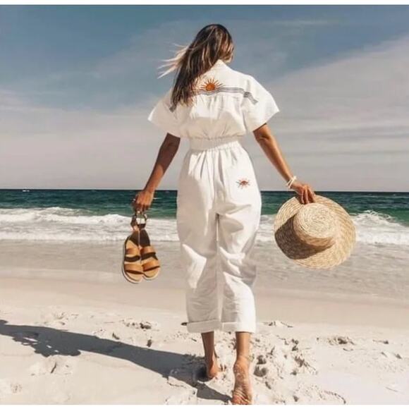 Soludos S White Rialto Tie Waist Jumpsuit Cotton Embroidered Zip Front Cropped - Picture 13 of 16